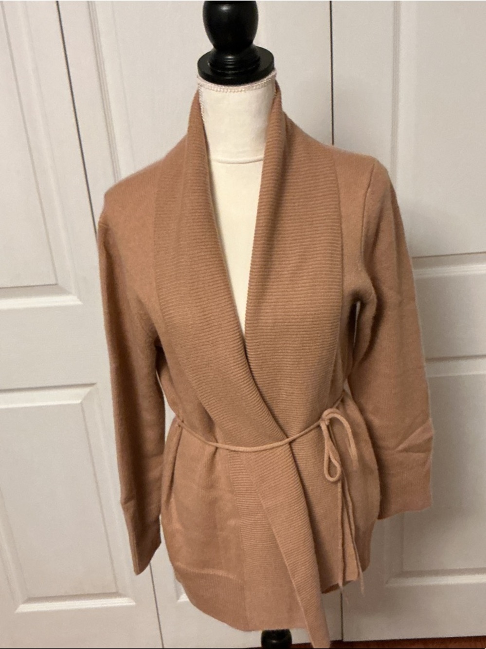 Tie-Waist Cashmere Shawl Collar Cardigan Sweater - Camel/Tan